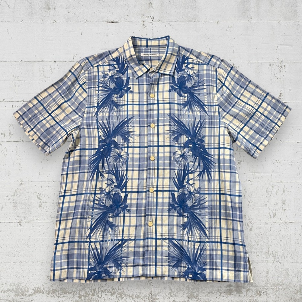 Tommy Bahama Ivory Blue Short Sleeve Shirt Lattice Bay Mens Silk Linen Sz L